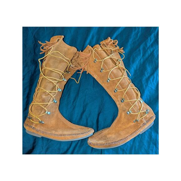 Minnetonka Tall Fringe Suede Leather Knee High Moccasins 9 - Picture 1 of 4